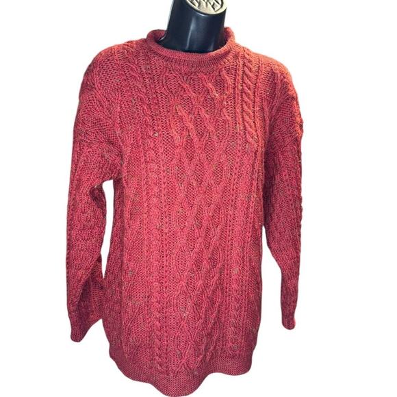 Crafts & Woollens Vintage Red 100% Wool Aran Chunky Pullover Sweater Sz S - Picture 3 of 10
